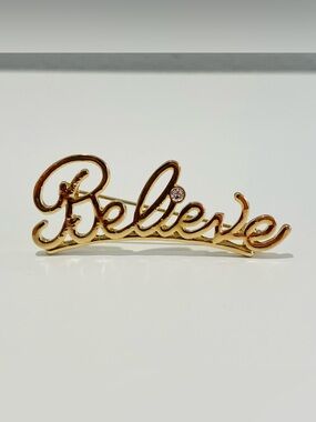 Vintage BELIEVE Christmas Crystal Brooch Gold Tone Holiday Pin Cursive Avon